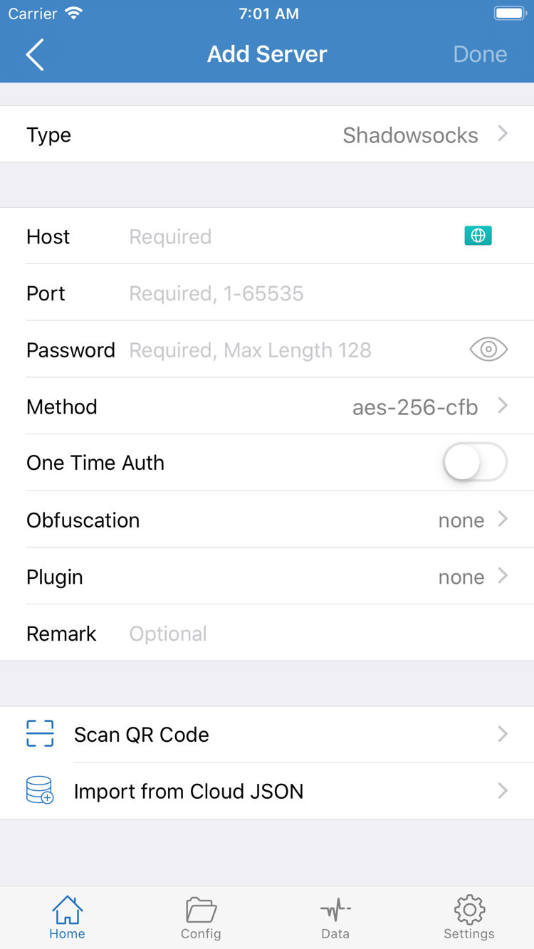ShadowrocketのAdd Server画面。Type、Host、Port、Password、Methodとインポート項目が表示されています