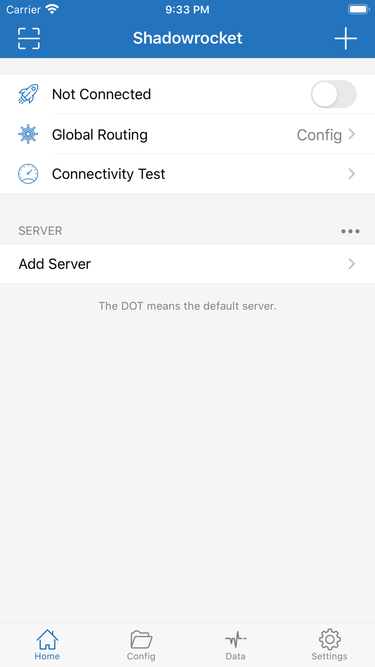 ShadowrocketのHome画面。Not Connectedのスイッチ、Global Routing、Connectivity Test、SERVER、Add Serverが表示されています