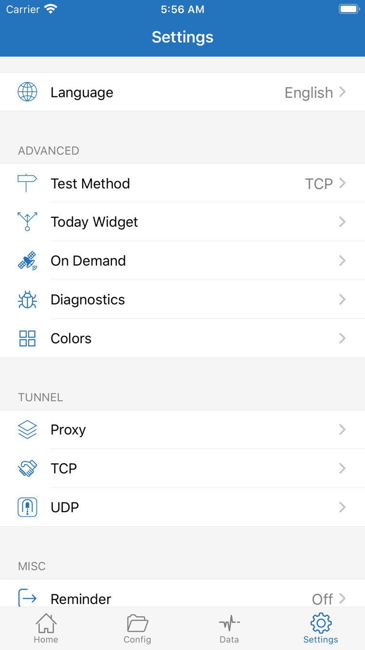 ShadowrocketのSettings画面。Test Method、On Demand、Diagnostics、Proxy、TCP、UDPなどの設定項目が表示されています